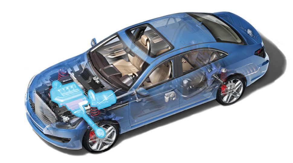 Cutaway sedan with powertrain highlighted