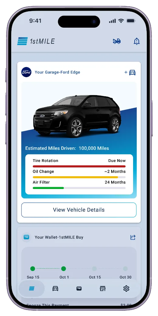 Garage view in the 1stMILE app showing a Ford Edge with service status