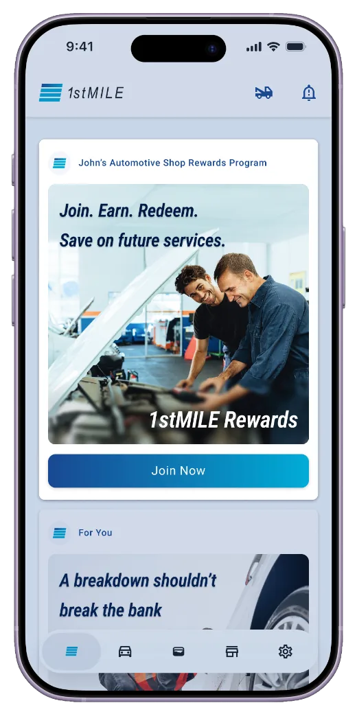 Loyalty rewards program card in the 1stMILE app