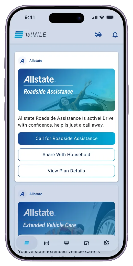 Allstate Roadside Assistance card in the 1stMILE app