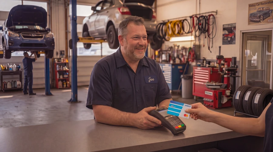 Service writer presenting an estimate to a customer at the shop counter