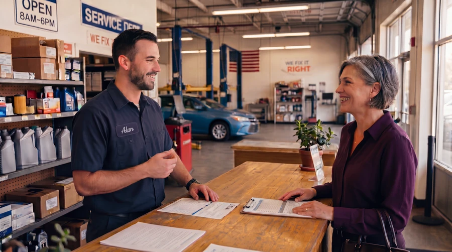 Shop advisor and customer smiling at the service counter of an independent auto shop