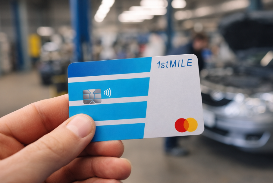 A hand tapping a credit card on a payment terminal at an auto shop counter